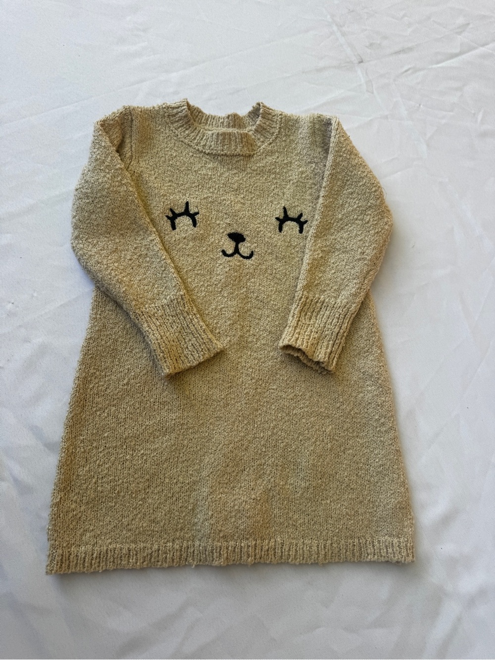 Cat &Jack Cozy Cream Knit Kids Dress with Cute Face Detail 2T